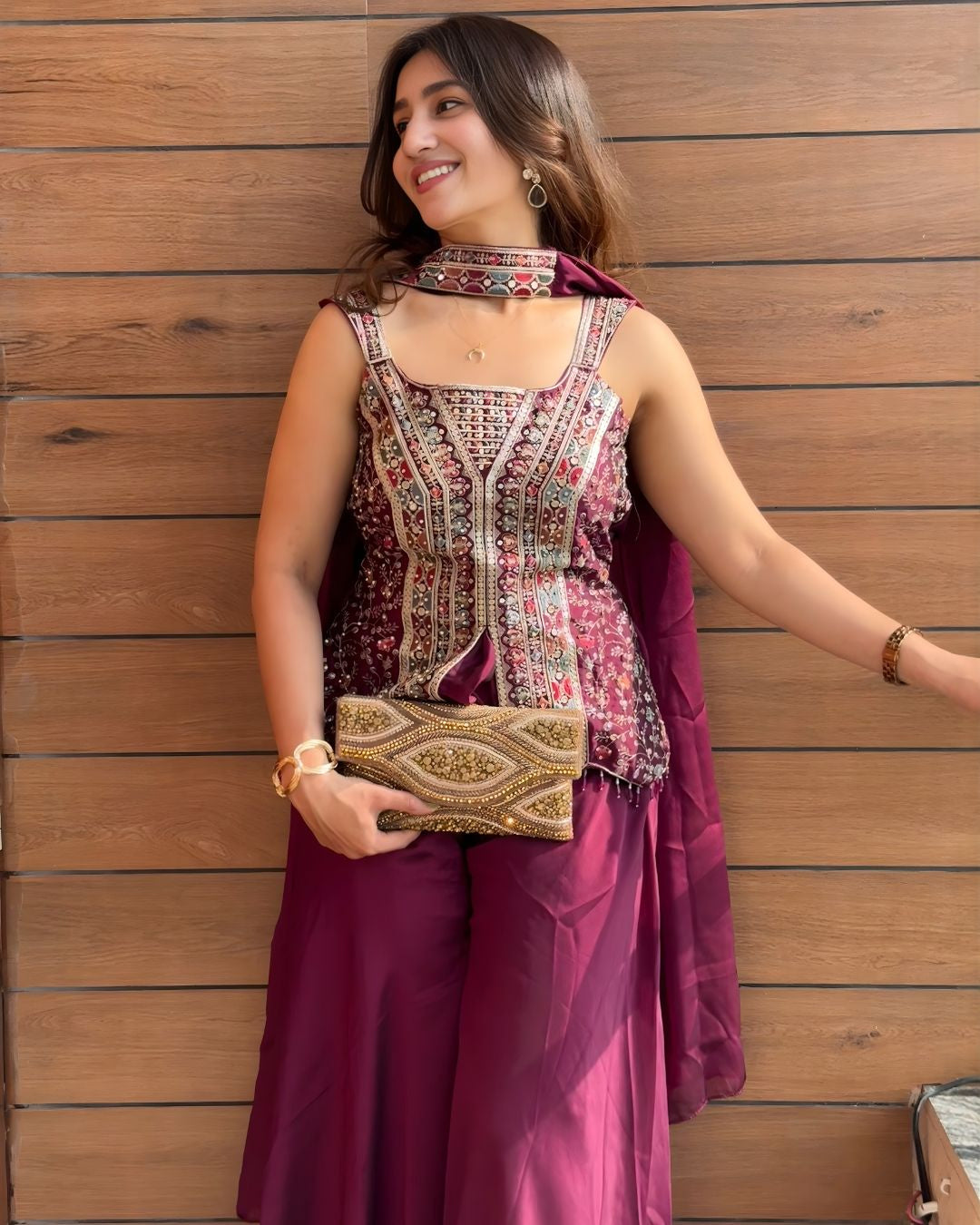 Maroon Peplum Sharara Set