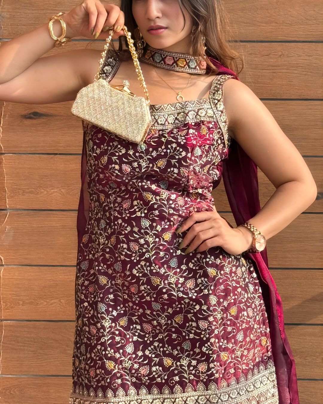 Deep Wine Floral Embroidered Sharara Set