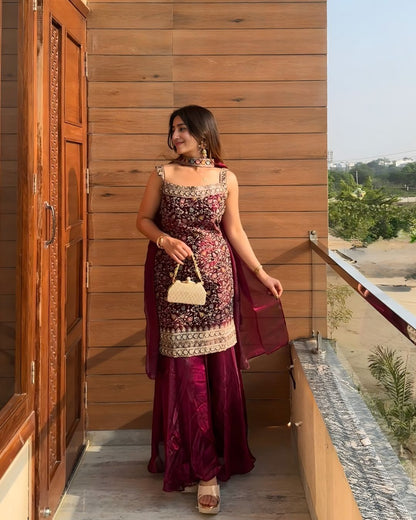 Deep Wine Floral Embroidered Sharara Set