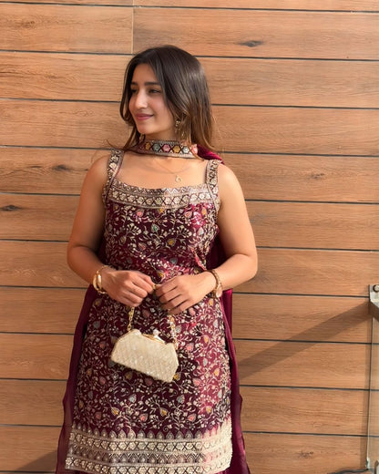 Deep Wine Floral Embroidered Sharara Set