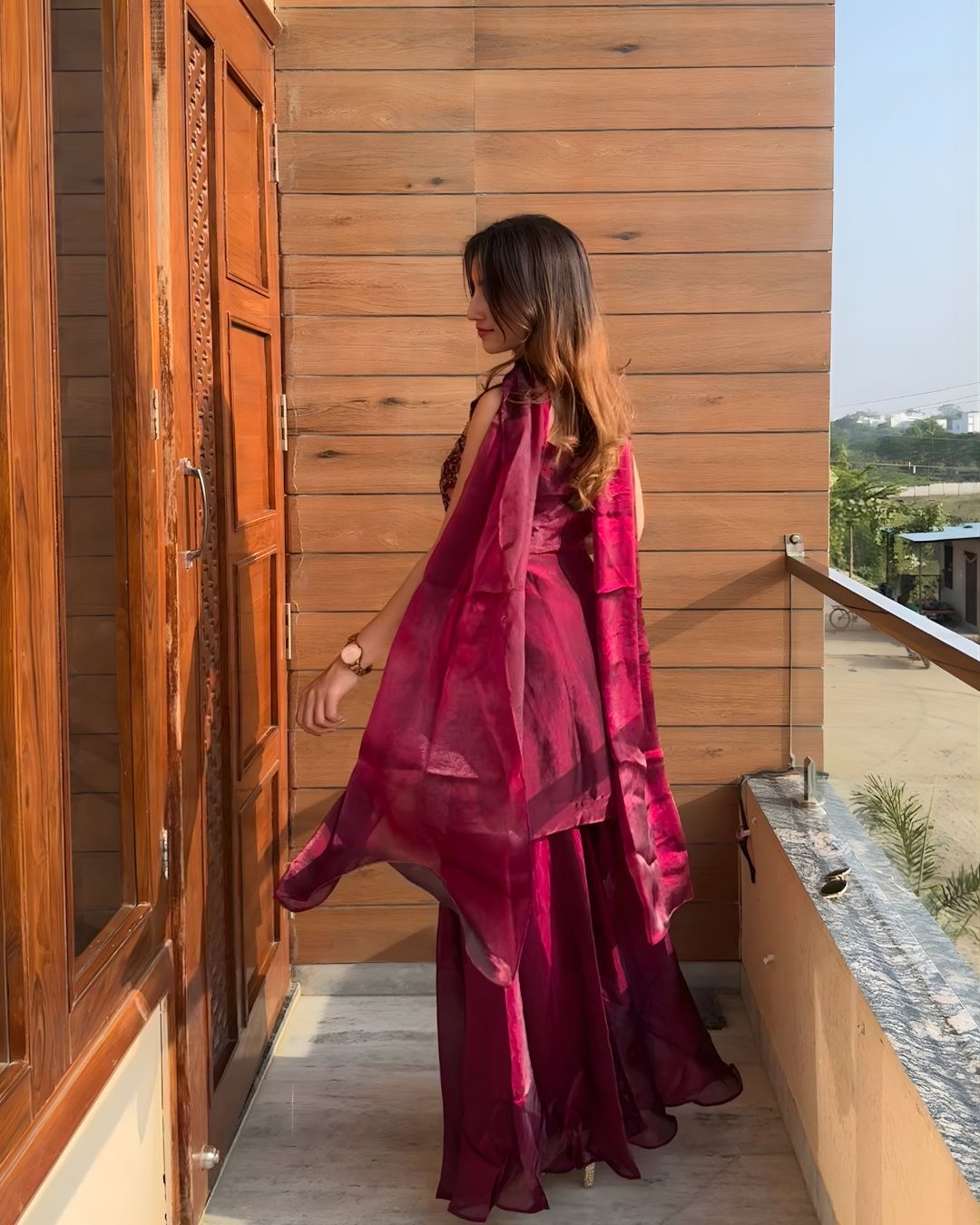 Deep Wine Floral Embroidered Sharara Set