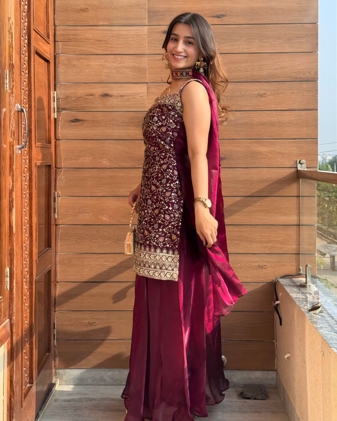 Deep Wine Floral Embroidered Sharara Set