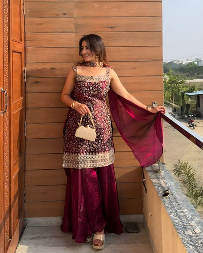 Deep Wine Floral Embroidered Sharara Set