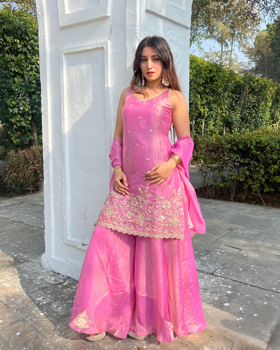 Rani Pink Fendy Silk Sharara Set with Attached Full Sleeves