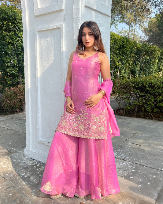 Rani Pink Fendy Silk Sharara Set with Attached Full Sleeves