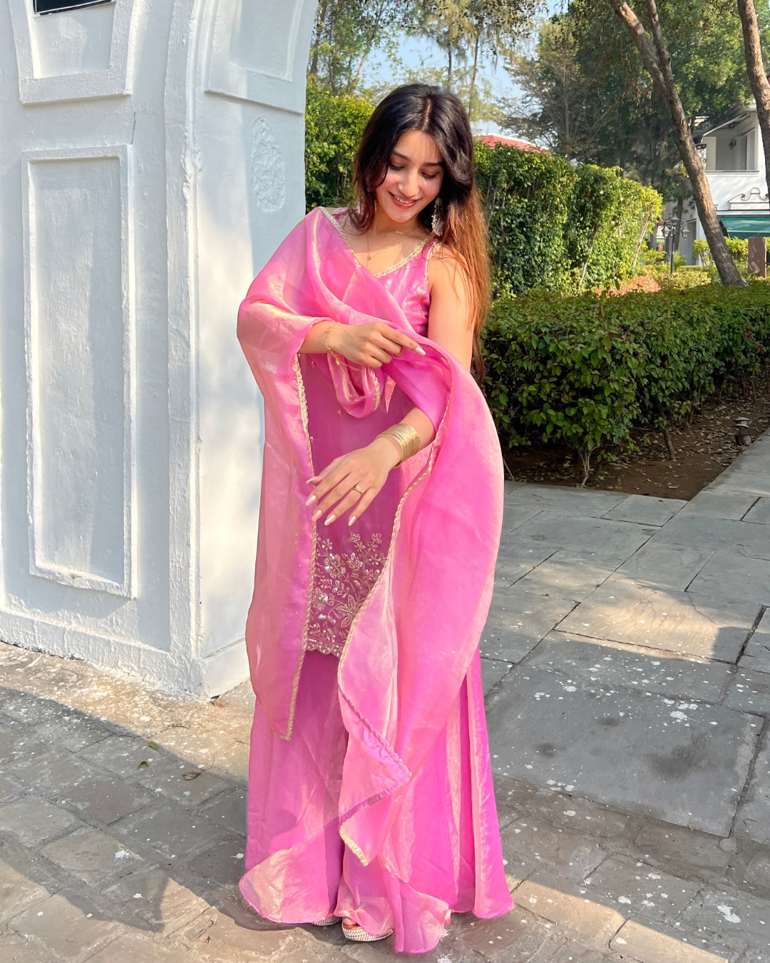 Rani Pink Fendy Silk Sharara Set with Attached Full Sleeves