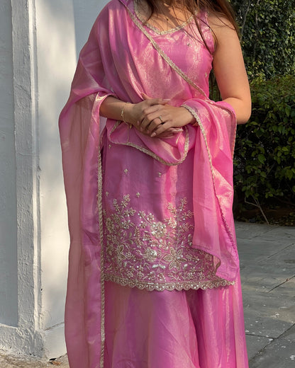 Rani Pink Fendy Silk Sharara Set with Attached Full Sleeves