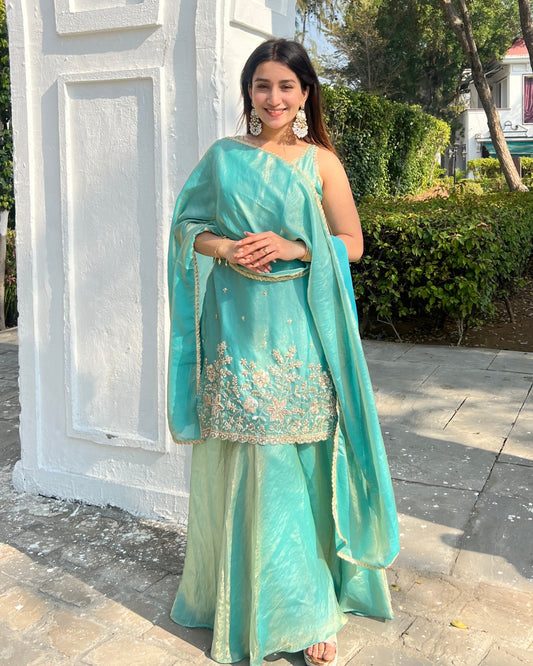 Aqua Fendy Silk Sharara Set with Attached Sleeves