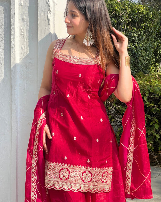 Radiant Rani Pink Hand-Embellished Fendy Silk Suit with Attached Sleeves