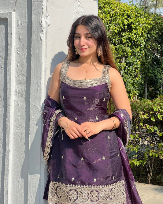 Royal Deep Purple Fendy Silk Sharara Set with with Attached Sleeves