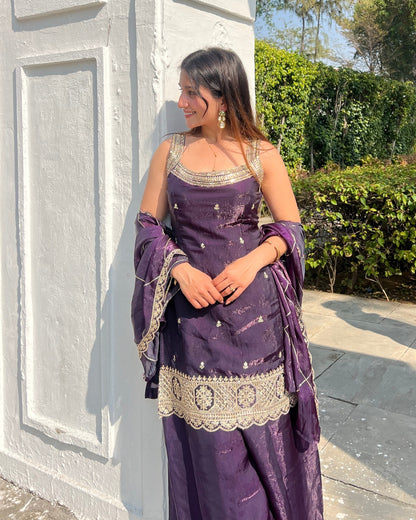 Royal Deep Purple Fendy Silk Sharara Set with with Attached Sleeves