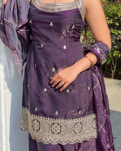Royal Deep Purple Fendy Silk Sharara Set with with Attached Sleeves
