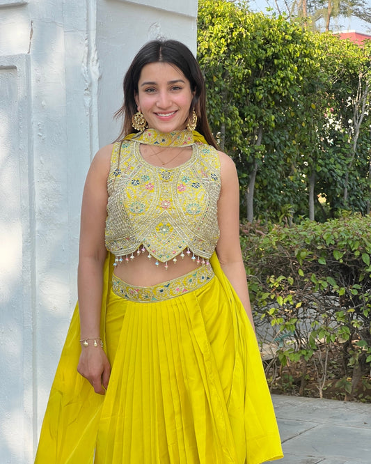 Premium Yellow French Crepe Tulip Skirt & Dupatta Set