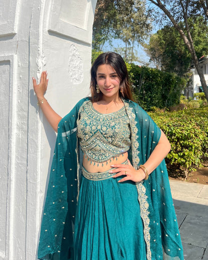 Premium Teal Green Shrug Set with Floral Embroidery