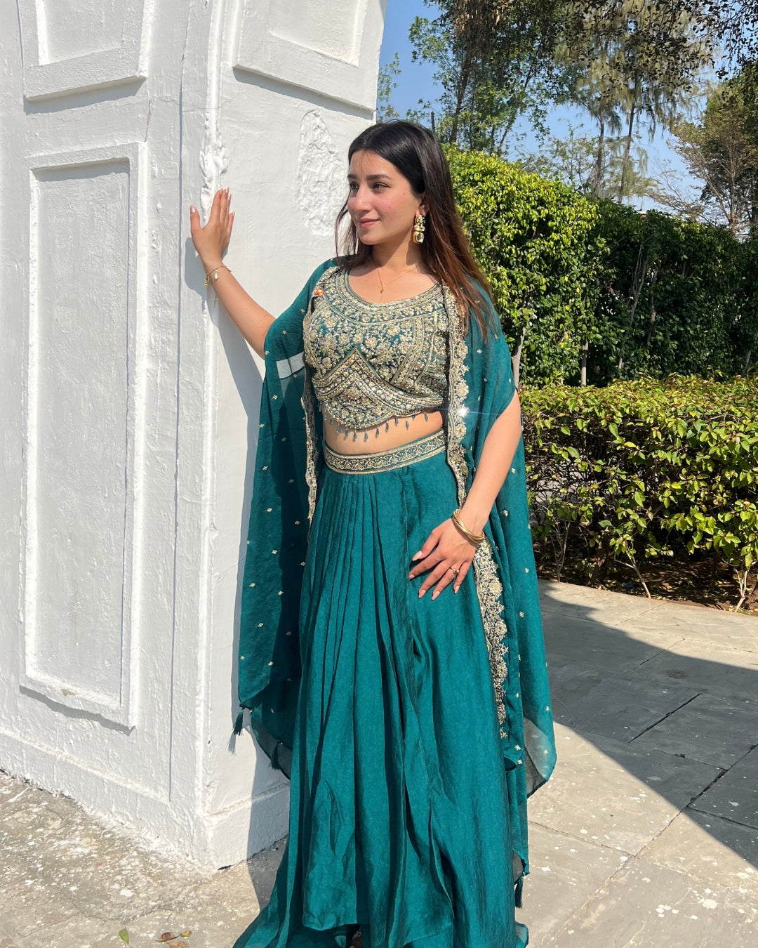 Premium Teal Green Shrug Set with Floral Embroidery