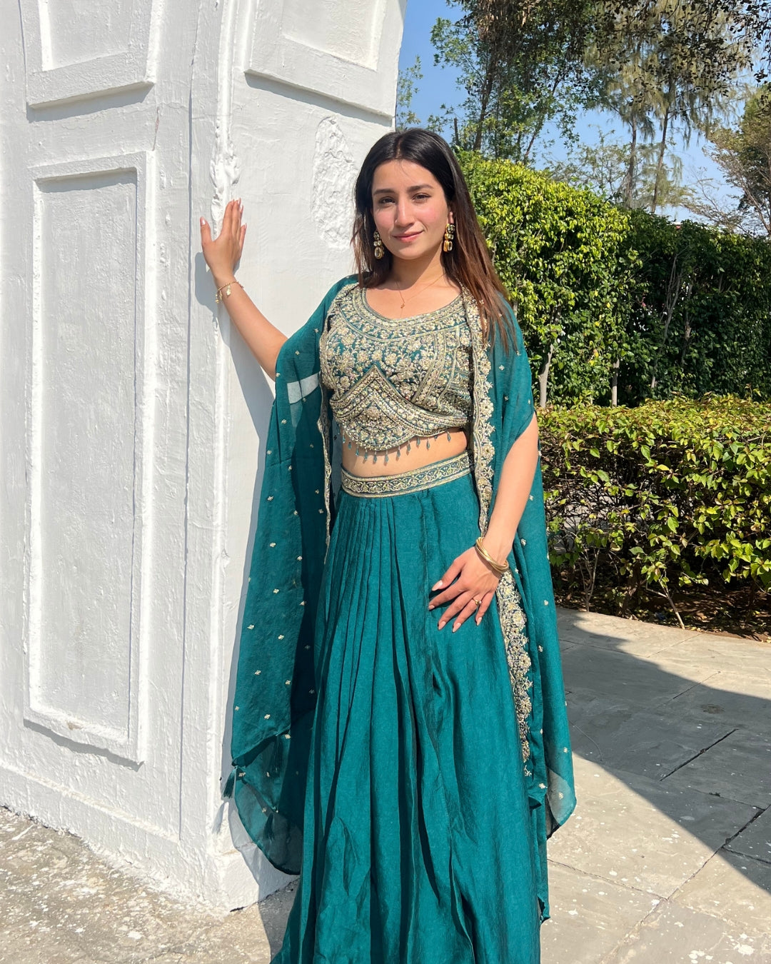 Premium Teal Green Shrug Set with Floral Embroidery