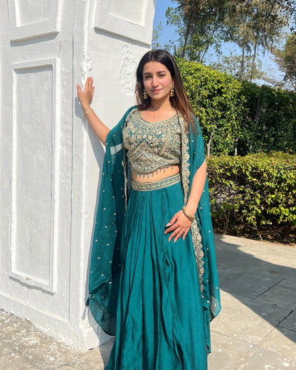 Premium Teal Green Shrug Set with Floral Embroidery