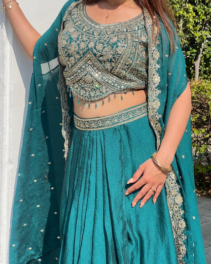 Premium Teal Green Shrug Set with Floral Embroidery