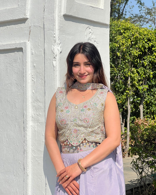 Luxurious Lavender Fendy Silk Tulip Skirt & Dupatta Set