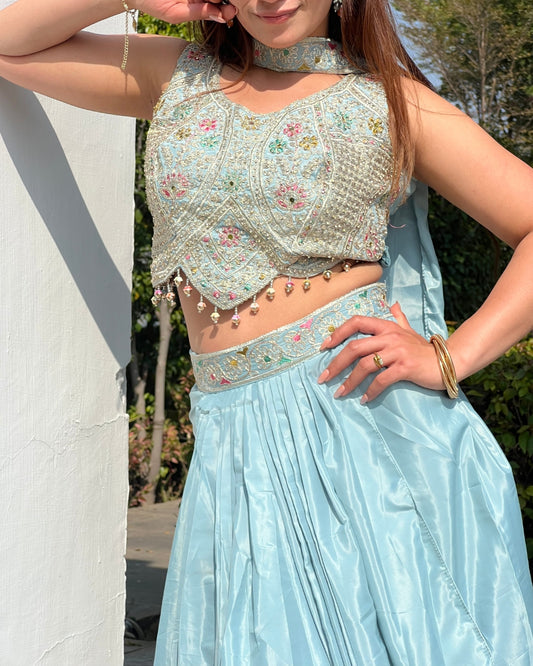 Premium Sky Blue French Crepe Tulip Skirt & Dupatta Set