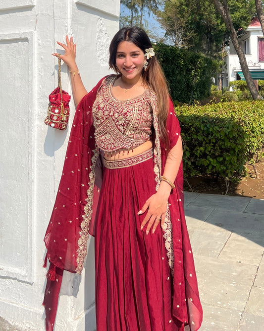 Majestic Maroon French Crepe Tulip Skirt & Dupatta Set