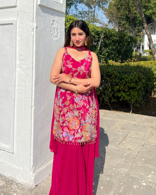 Luxurious Hot Pink French Crepe Position Printed Sharara Set