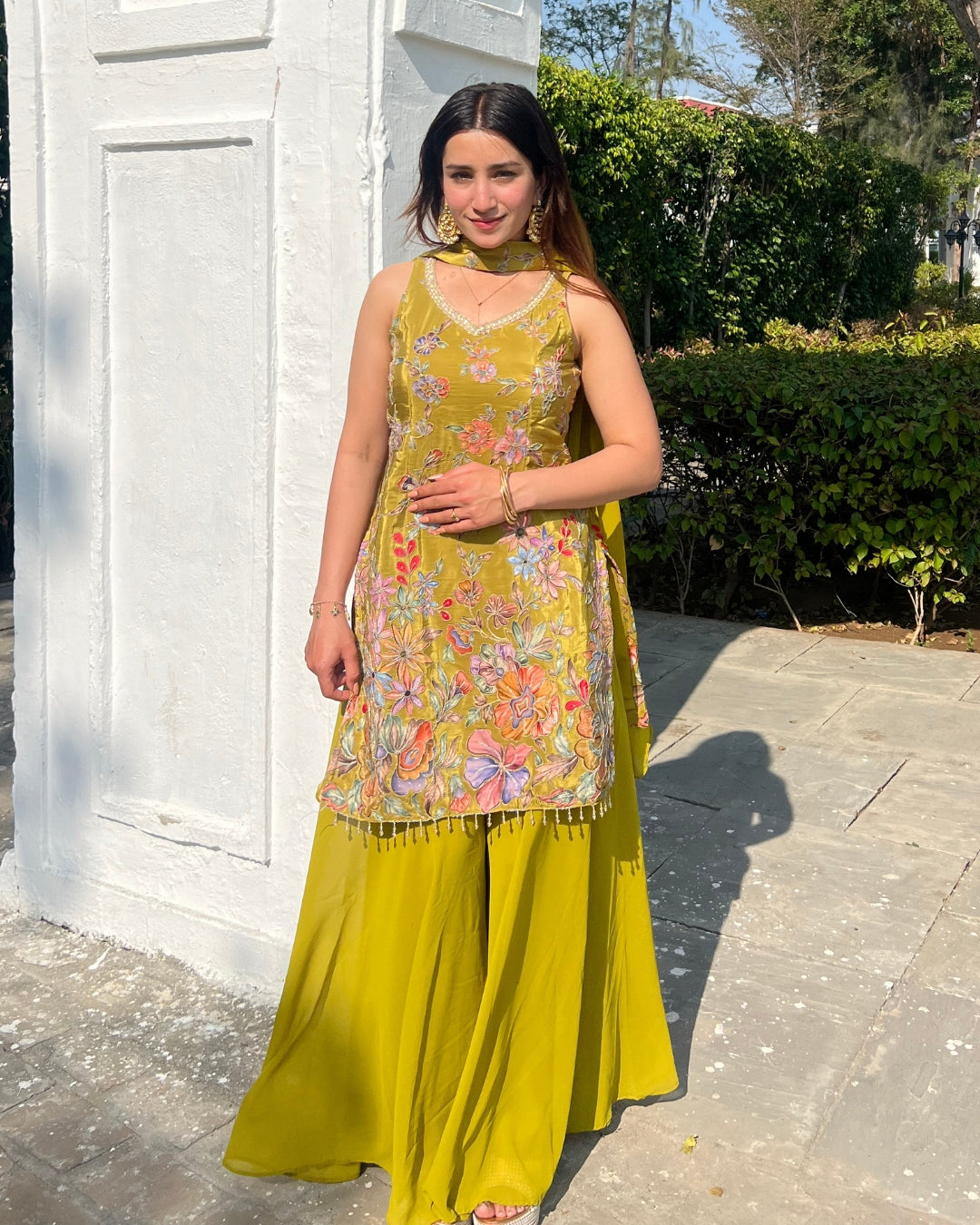 Premium Olive Gold French Crepe Position Printed Sharara Set