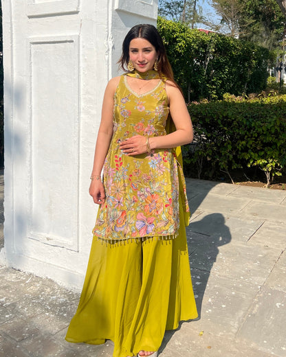 Premium Olive Gold French Crepe Position Printed Sharara Set