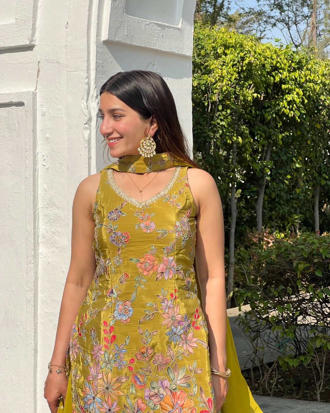 Premium Olive Gold French Crepe Position Printed Sharara Set