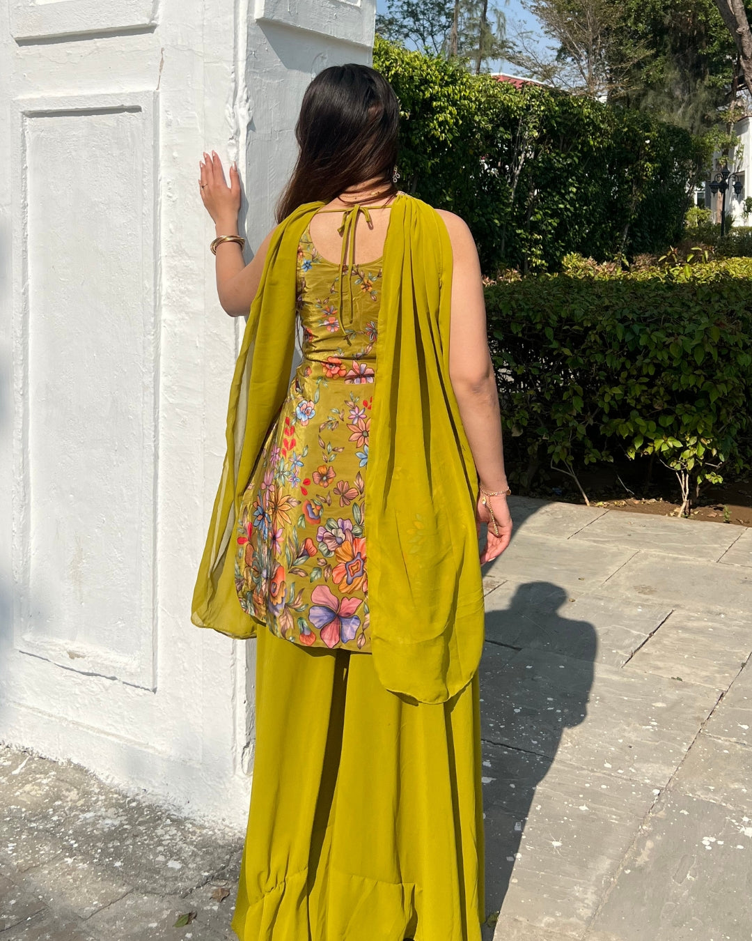 Premium Olive Gold French Crepe Position Printed Sharara Set