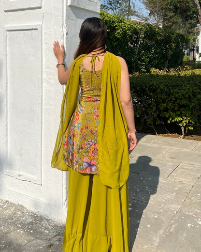 Premium Olive Gold French Crepe Position Printed Sharara Set