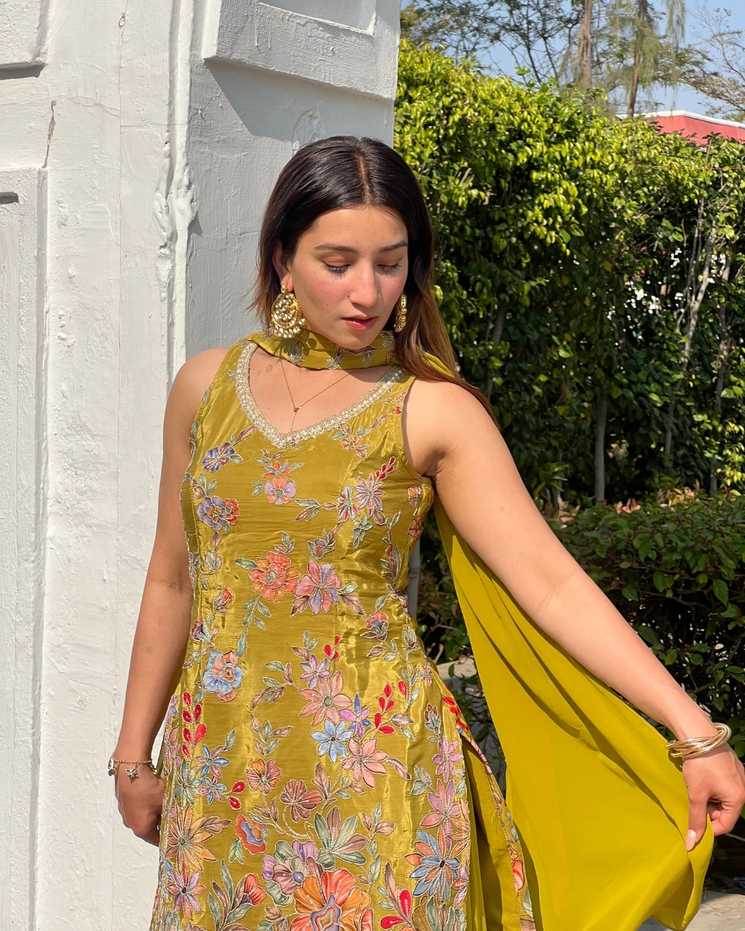 Premium Olive Gold French Crepe Position Printed Sharara Set