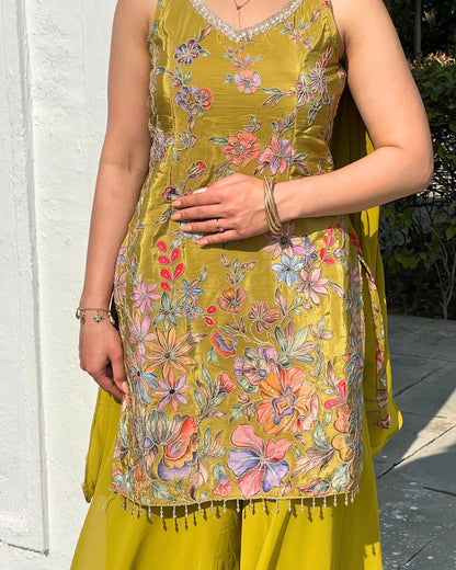 Premium Olive Gold French Crepe Position Printed Sharara Set