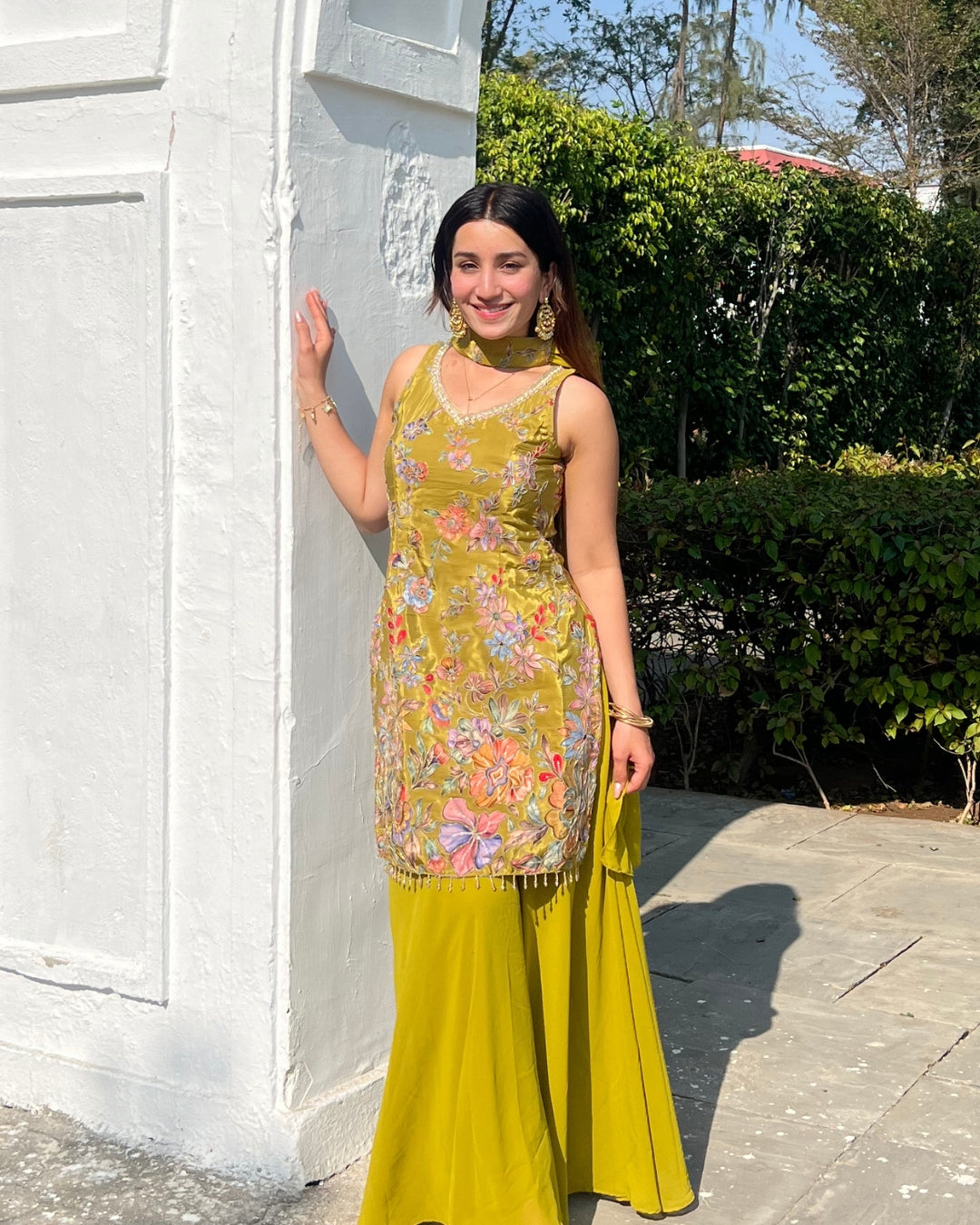 Premium Olive Gold French Crepe Position Printed Sharara Set