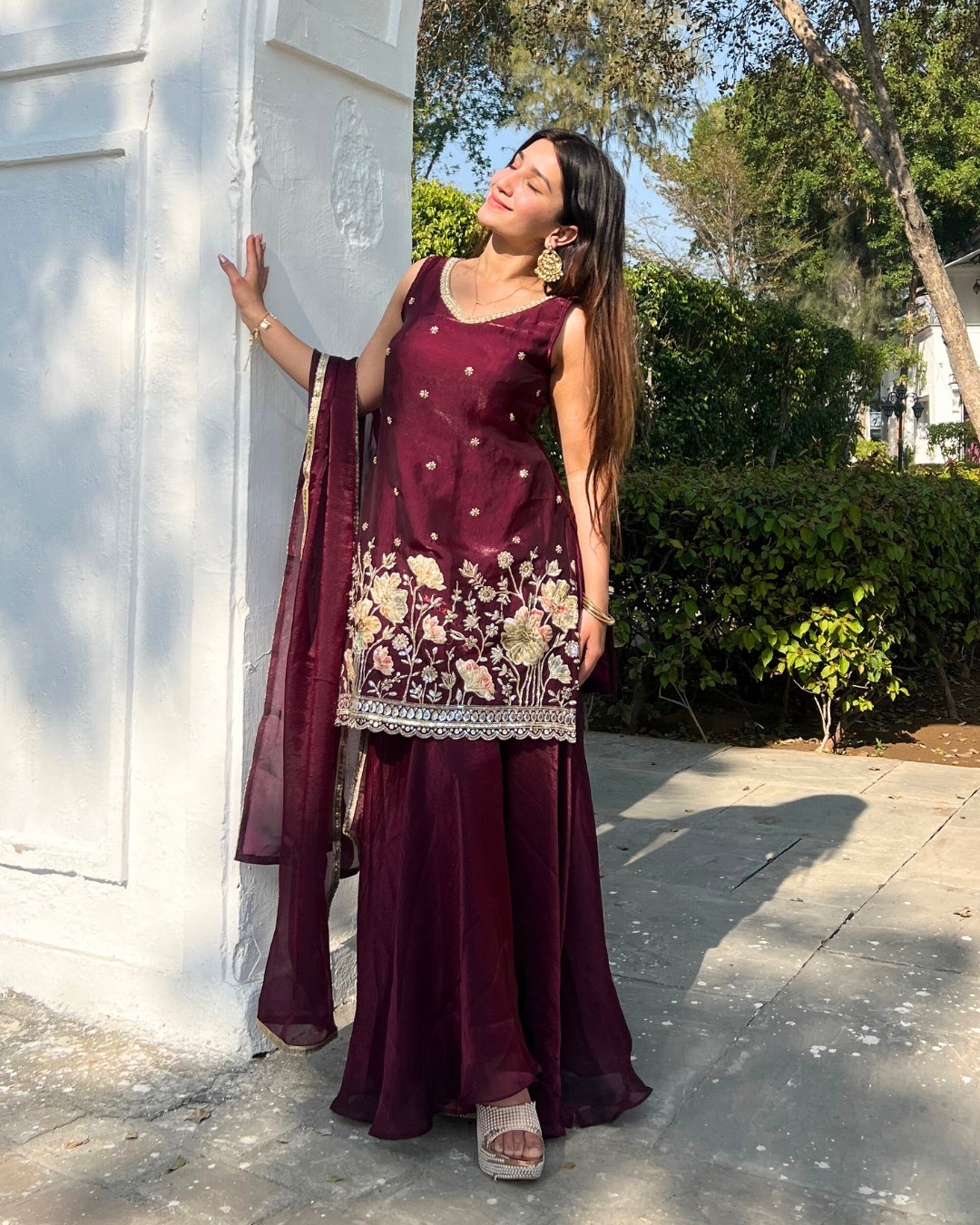 Luxurious Wine Fendy Silk Sharara Set with Bead Embroidery