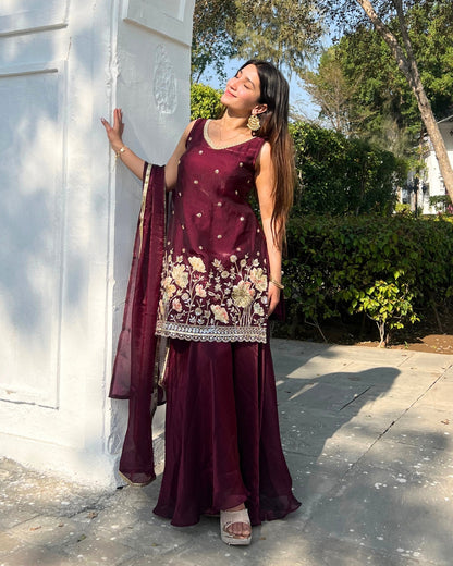 Luxurious Wine Fendy Silk Sharara Set with Bead Embroidery