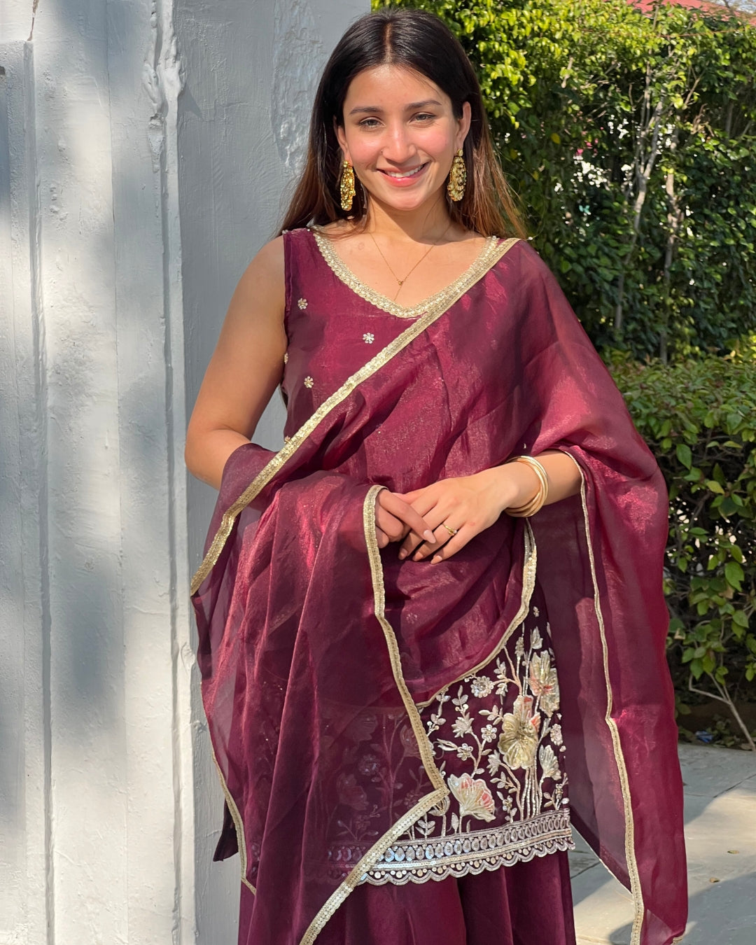 Luxurious Wine Fendy Silk Sharara Set with Bead Embroidery