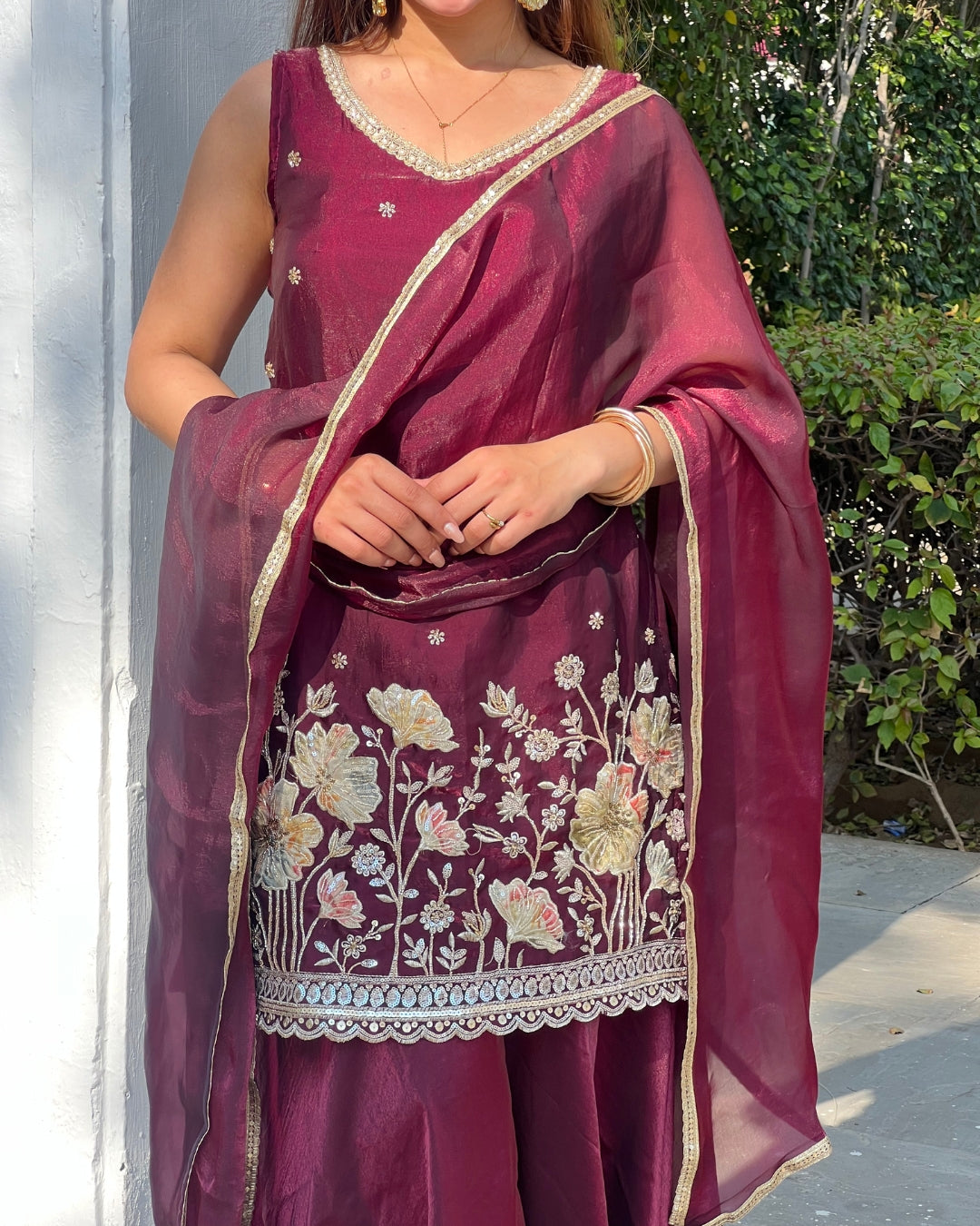 Luxurious Wine Fendy Silk Sharara Set with Bead Embroidery