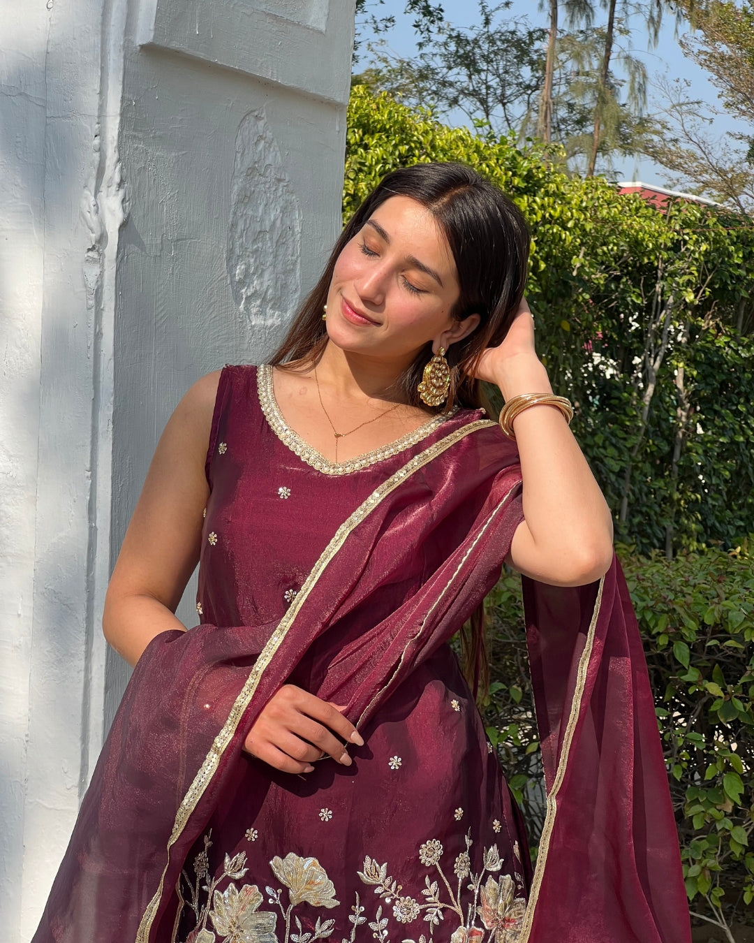 Luxurious Wine Fendy Silk Sharara Set with Bead Embroidery