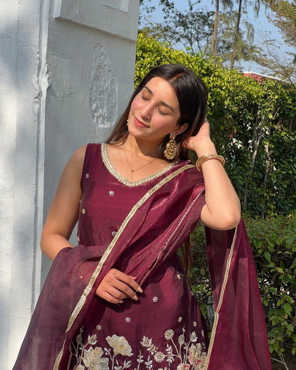 Luxurious Wine Fendy Silk Sharara Set with Bead Embroidery