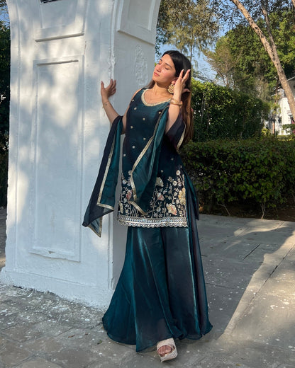 Luxurious Teal Green Fendy Silk Sharara Set with Bead Embroidery