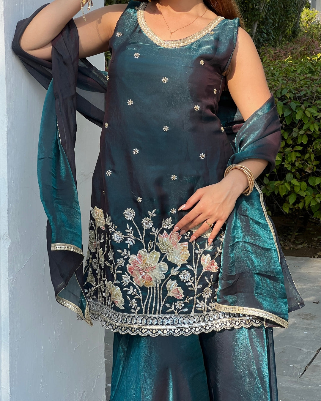 Teal Beaded Sharara Set