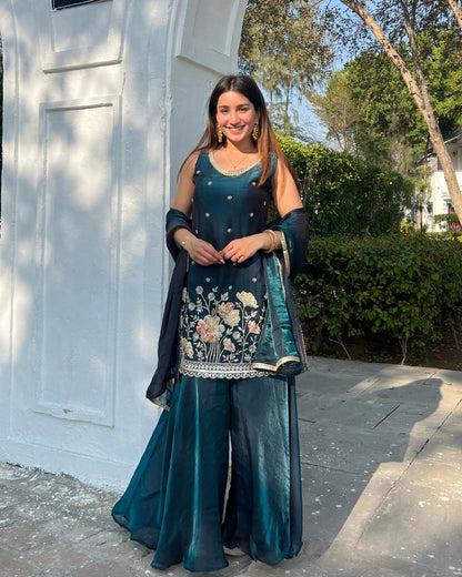 Luxurious Teal Green Fendy Silk Sharara Set with Bead Embroidery