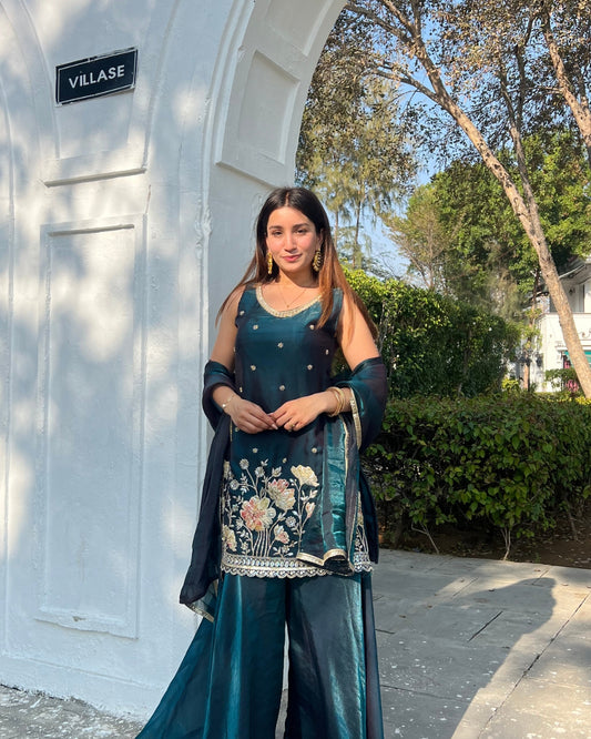 Luxurious Teal Green Fendy Silk Sharara Set with Bead Embroidery