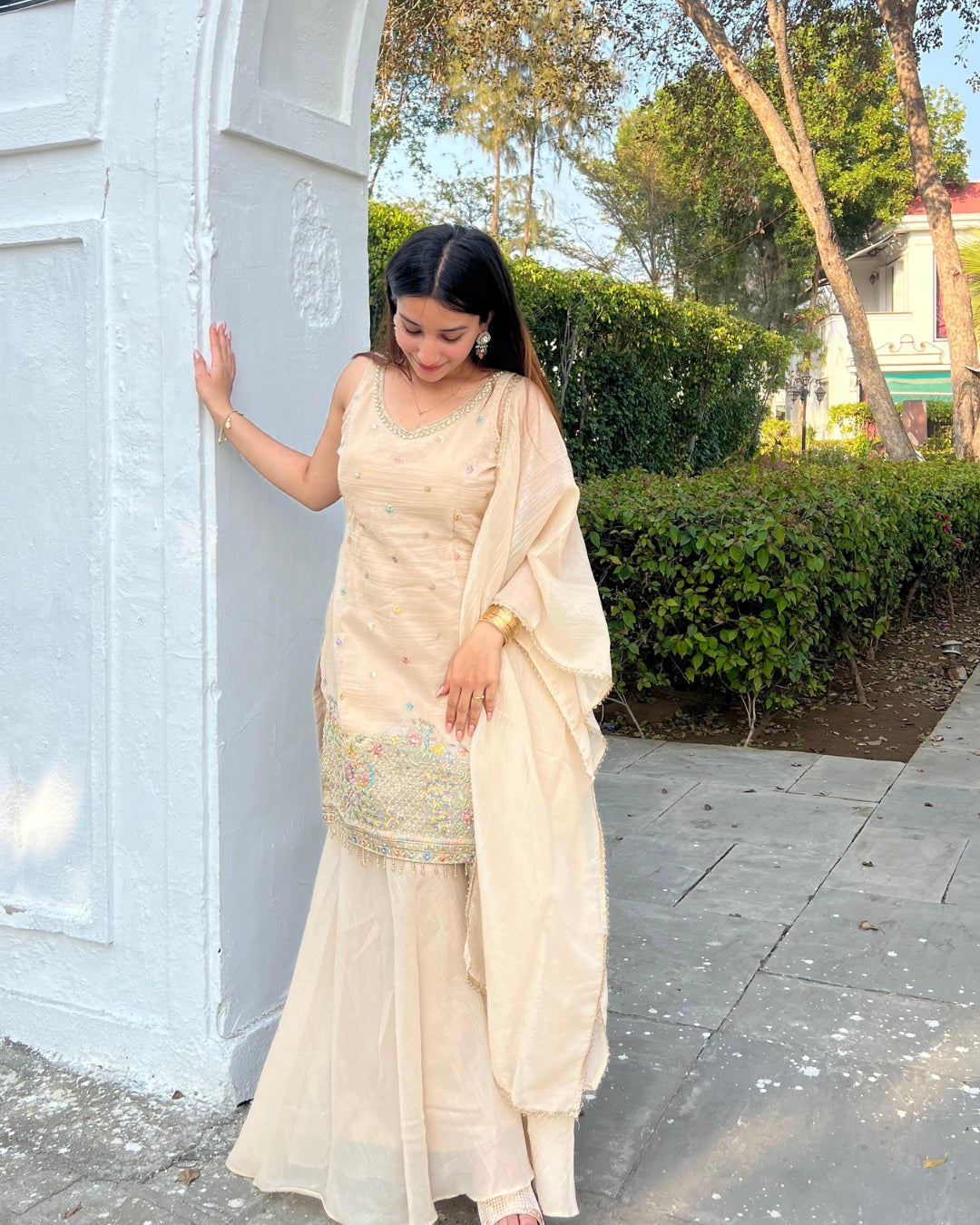 Cream Gold Sharara Set