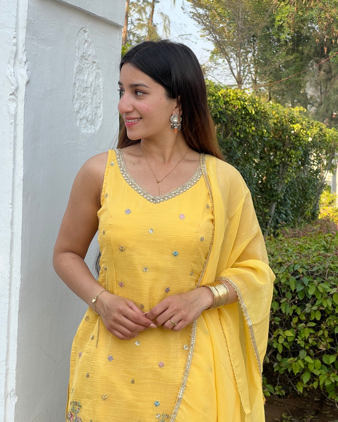 Luxurious Yellow Crunchy Silk Sharara Set with Back Dori & Tassels