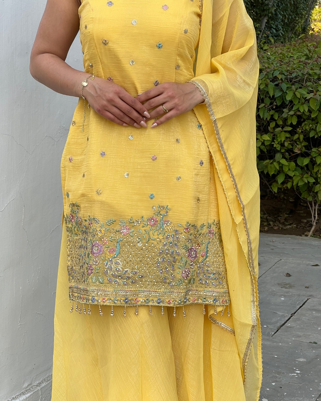 Luxurious Yellow Crunchy Silk Sharara Set with Back Dori & Tassels