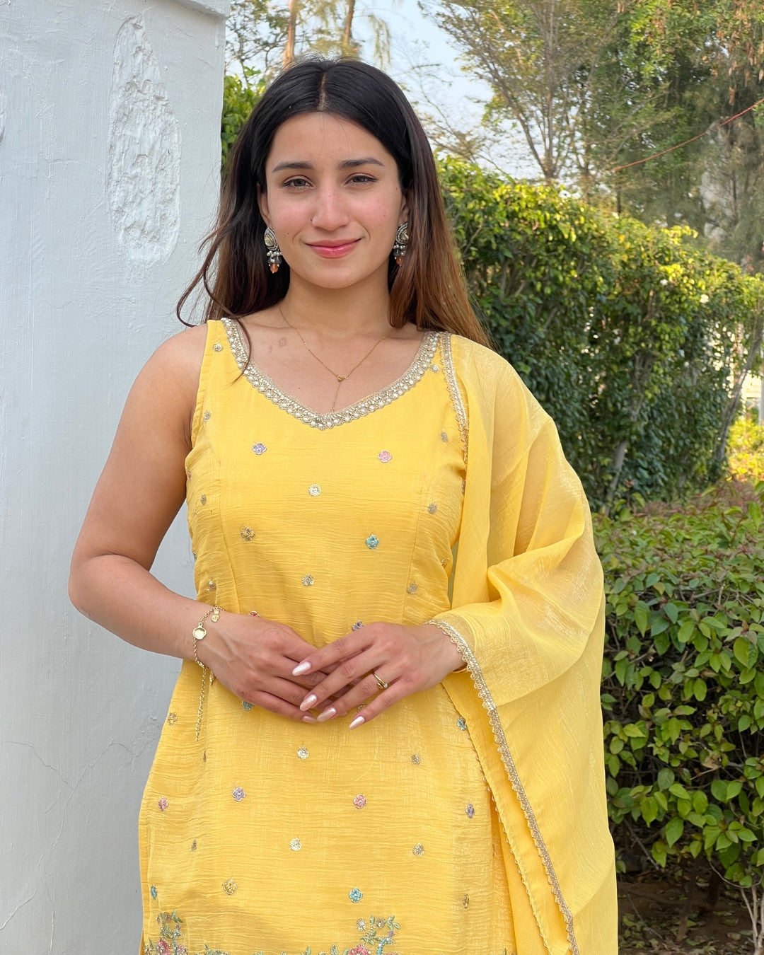 Luxurious Yellow Crunchy Silk Sharara Set with Back Dori & Tassels