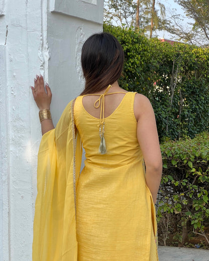 Luxurious Yellow Crunchy Silk Sharara Set with Back Dori & Tassels