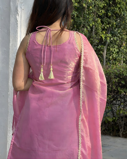 Rani Pink Fendy Silk Sharara Set with Attached Full Sleeves